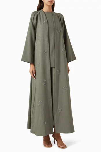 4-piece Embroidered Abaya Set in Cotton-linen