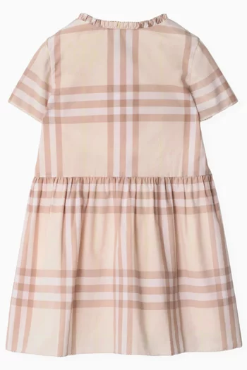 Smocked Check Midi Dress in Cotton-poplin
