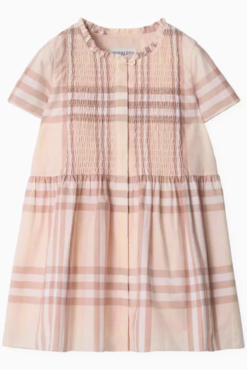 Smocked Check Midi Dress in Cotton-poplin