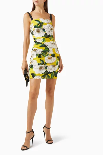 Gardenia-print Ruched Mini Dress in Rayon-blend