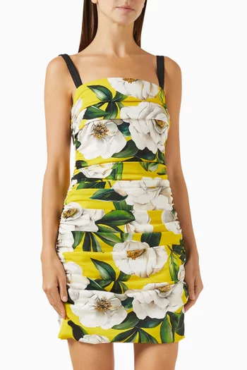 Gardenia-print Ruched Mini Dress in Rayon-blend