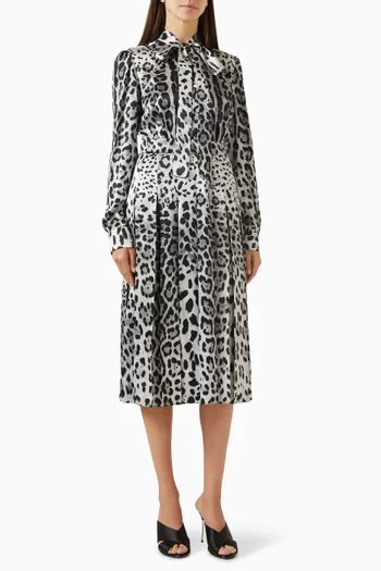 Leopard-print Bow Midi Dress in Silk