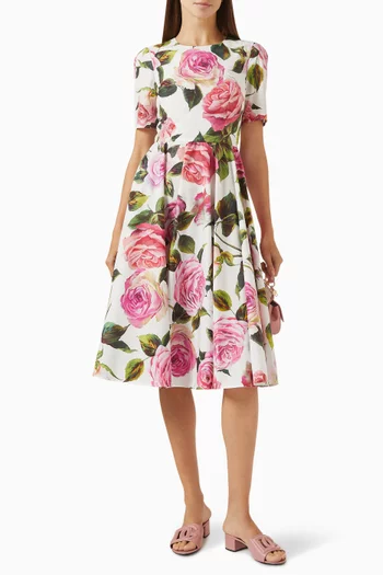 Rose-print Babydoll Midi Dress in Cotton