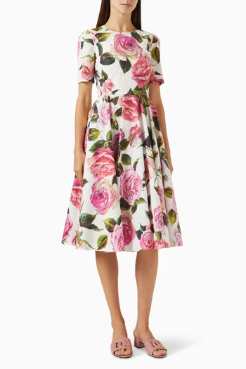 Rose-print Babydoll Midi Dress in Cotton