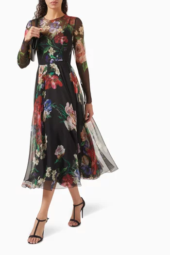 Floral-print Midi Dress in Chiffon-silk