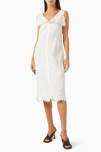 فستان متوسط الطول بتطريز إنجليزي فيسكوز حرير