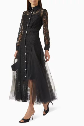 Buttoned Lace Midi Dress in Tulle