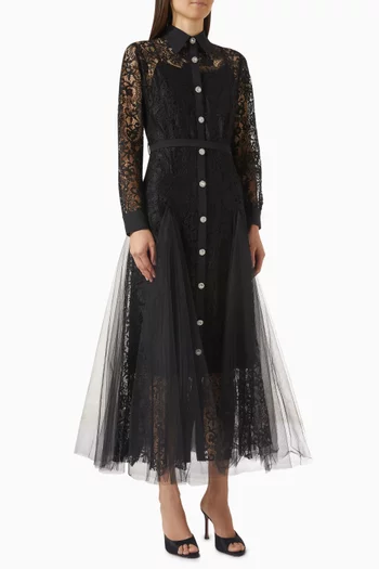 Buttoned Lace Midi Dress in Tulle