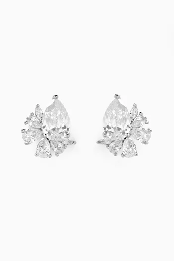 CZ Pear Stud Earrings in Rhodium-plated Brass