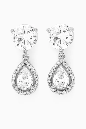 CZ Halo Drop Earrings in Rhodium-plated Brass