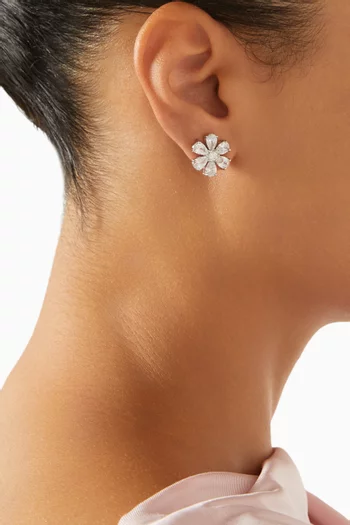 CZ Flower Stud Earrings in Rhodium-plated Brass