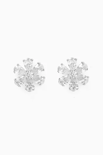 CZ Flower Stud Earrings in Rhodium-plated Brass