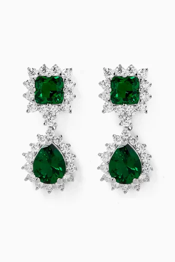 CZ Radiant Halo Drop Earrings in Rhodium-plated Brass