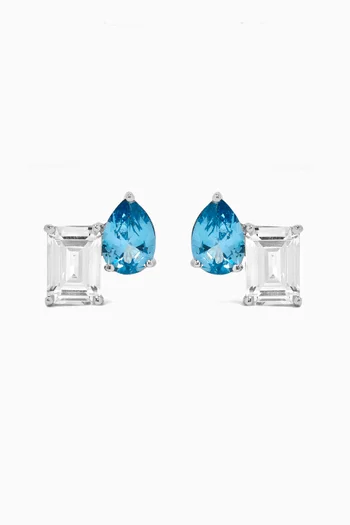 CZ Pear & Emerald Stud Earrings in Rhodium-plated Brass