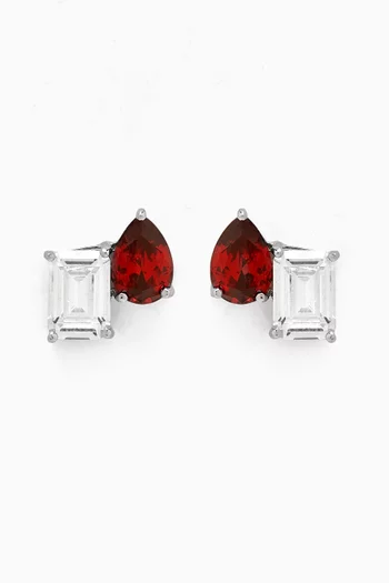 CZ Pear & Emerald Stud Earrings in Rhodium-plated Brass