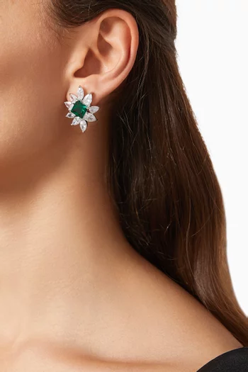 CZ Flower Stud Earrings in Rhodium-plated Brass