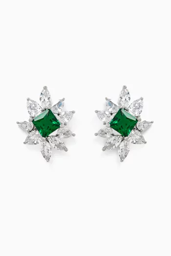 CZ Flower Stud Earrings in Rhodium-plated Brass