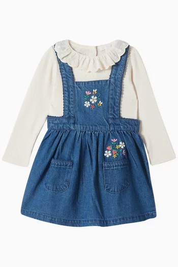Embroidered Pinafore Dress in Cotton-denim