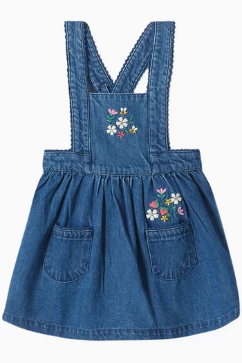 Embroidered Pinafore Dress in Cotton-denim