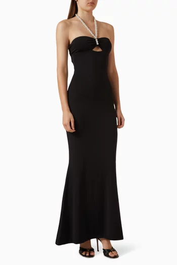 Faux-pearl Embellished Cutout Halterneck Maxi Dress