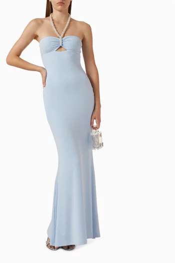 Faux-pearl Embellished Cutout Halterneck Maxi Dress