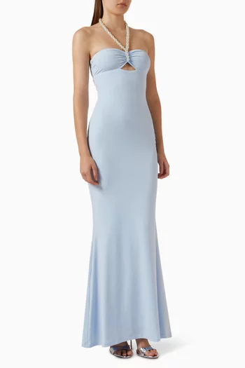 Faux-pearl Embellished Cutout Halterneck Maxi Dress