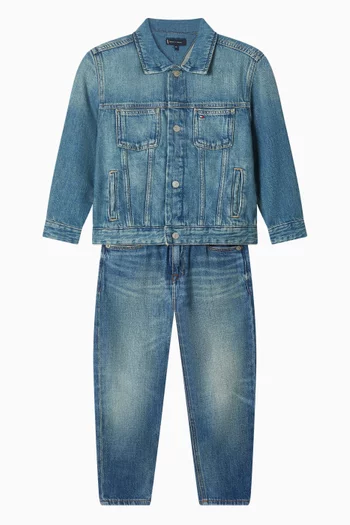 Logo Embroidery Faded Jeans in Denim