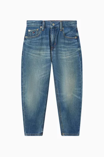 Logo Embroidery Faded Jeans in Denim