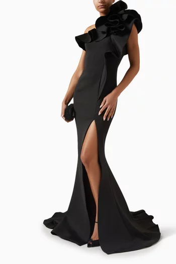 One-shoulder Ruffle Gown in Satin
