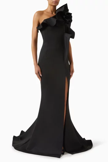One-shoulder Ruffle Gown in Satin