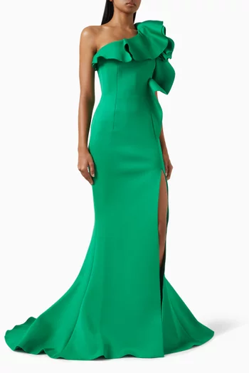 One-shoulder Ruffle Gown in Satin