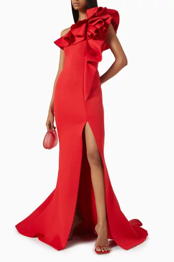 One-shoulder Ruffle Gown in Satin