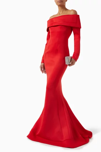 Off-shoulder Gown in Crepe & Scuba