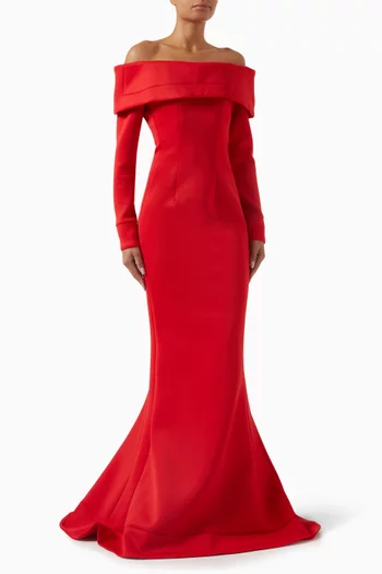 Off-shoulder Gown in Crepe & Scuba