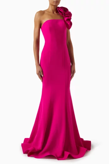 One-shoulder Floral Gown in Crepe