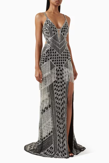 Sequin-embellished Fringe Gown