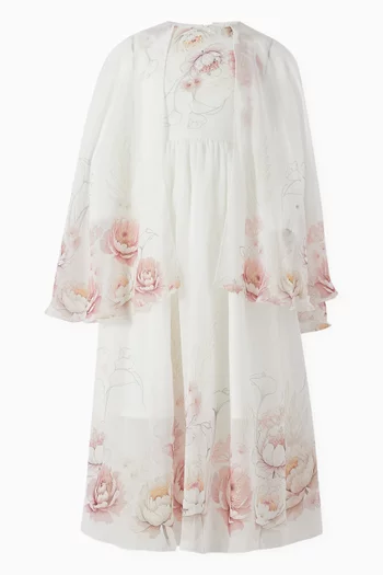 Floral-print Cape Dress in Chiffon