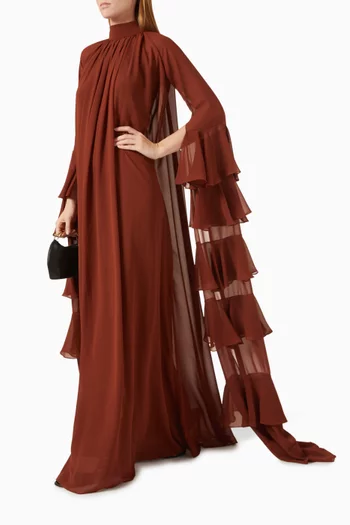Fluted Cape-style Sleeves Maxi Dress