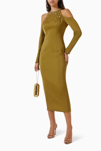 Cold-shoulder Embellished Midi Dress