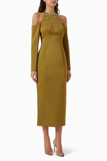 Cold-shoulder Embellished Midi Dress