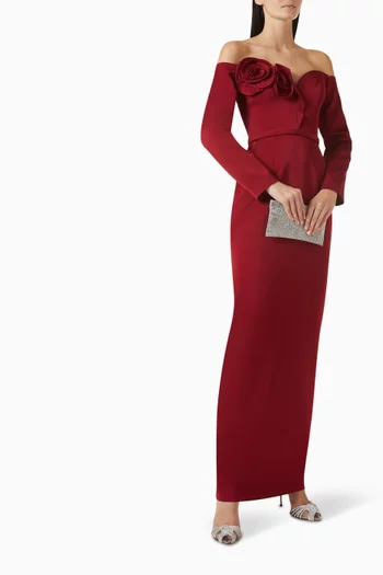 Rose Off-shoulder Maxi Dress in Crepe