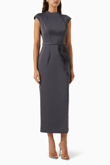 Floral-appliqué Slit Dress in Satin
