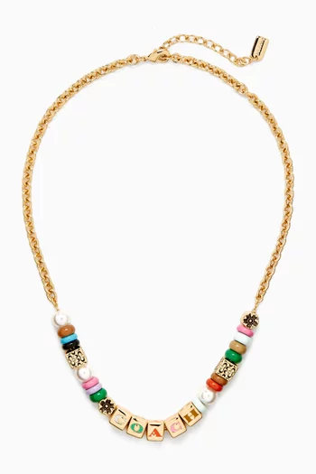 Beaded Logo Cube Collar Necklace in Gold-plated Brass