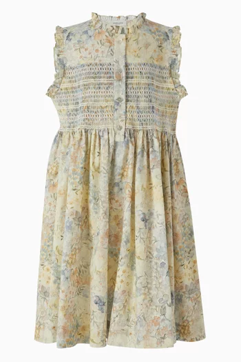 Floral-print Shirred Midi Dress in Cotton