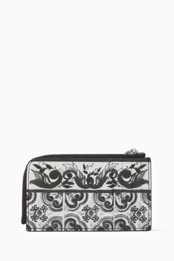 Majolica-print Zip Card Holder in Leather