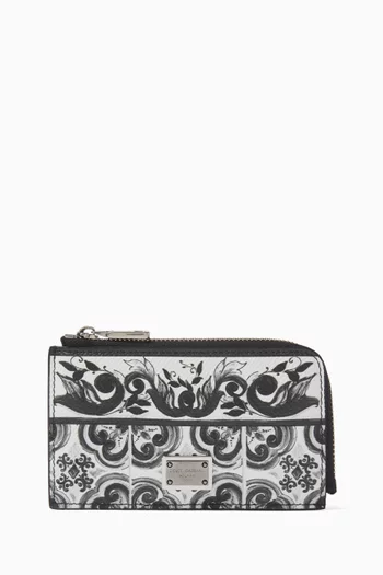 Majolica-print Zip Card Holder in Leather