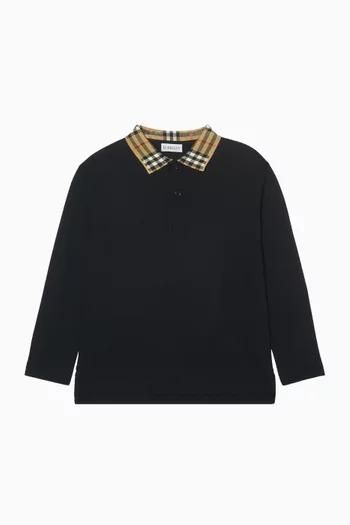 Check Collar Long-sleeve Polo Shirt in Cotton-pique
