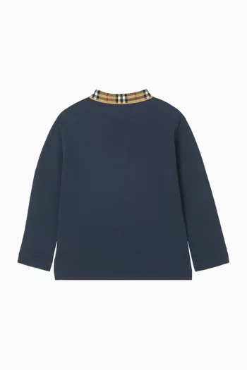 Check Collar Long-sleeve Polo Shirt in Cotton-pique