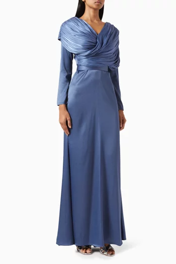 Draped Bow Maxi Dress in Crepe & Organza