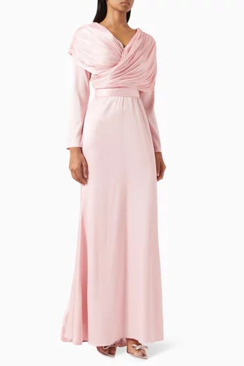 Draped Bow Maxi Dress in Crepe & Organza